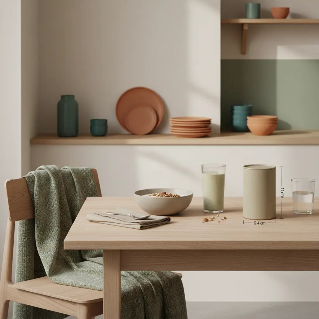 Minimalistische Frühstückstafel mit Granola, Pflanzenjoghurt, Nüssen und Shake in sanftem Morgenlicht – Thema: versteckte tierische zusatzstoffe