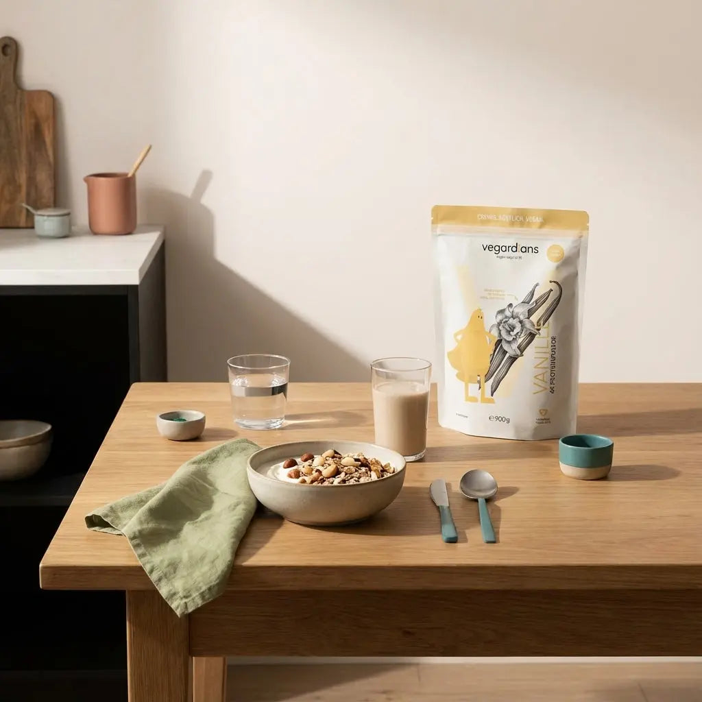 Realistische europäische Frühstücksszene mit nachhaltigem Holztisch, veganer Müslischale, Glas Wasser und dezentem Shake in warmen Tönen – viszerales Fett erkennen