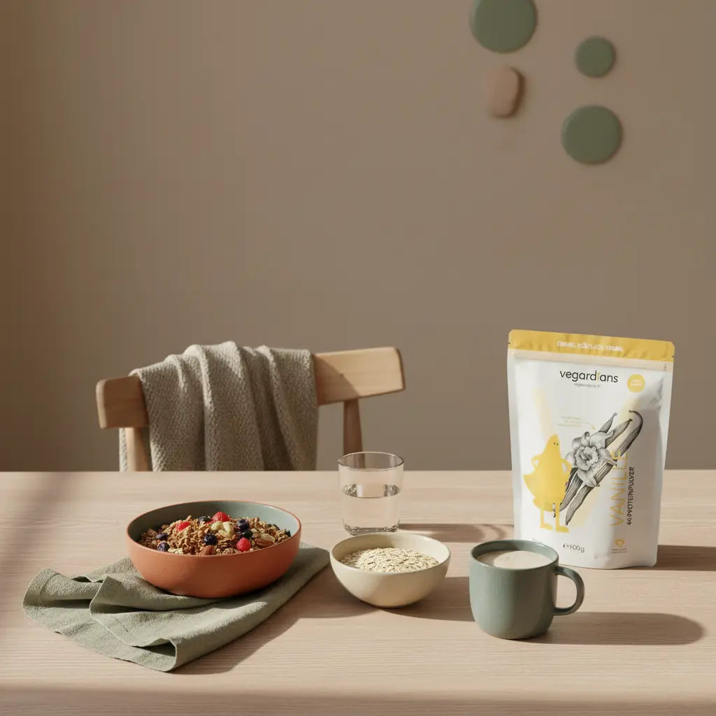 Minimalistische Frühstücksszene mit veganem Müsli, Shake und Glas Wasser auf nachhaltigem Holztisch im Morgenlicht — bewusst gegen viszerales Fett