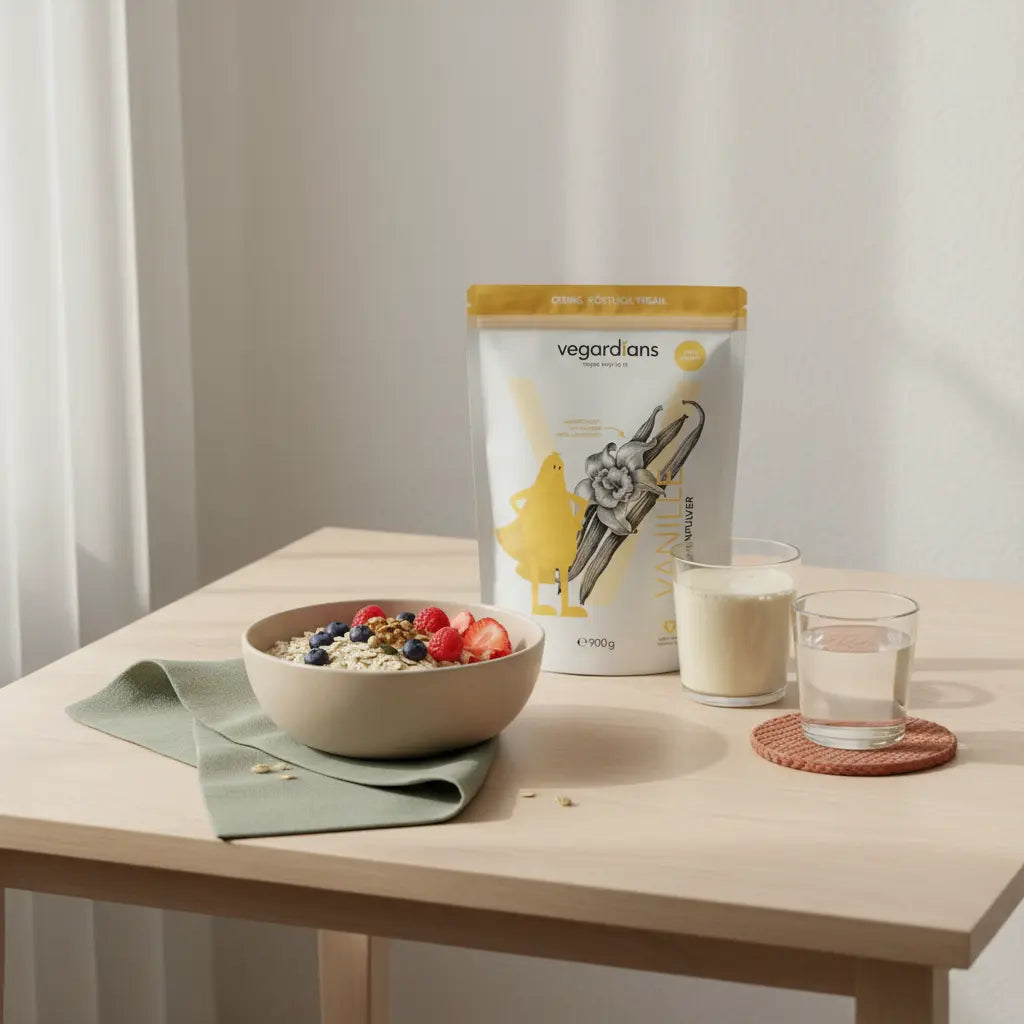 Minimalistische Morgenküche mit Holztisch, Glas Wasser, Haferflocken mit Beeren und pflanzlichem Shake – achtsame Mahlzeit gegen viszerales Fett.