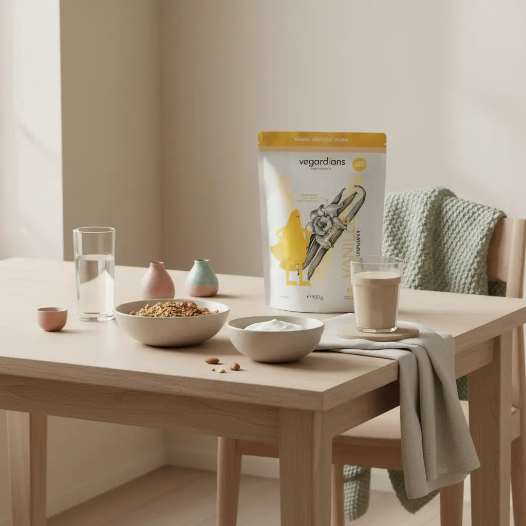 Minimalistische Morgenküche mit nachhaltigem Holztisch, Glas Wasser, Müsli, pflanzlichem Joghurt, Shake und Produkt – Szene zum Thema vitamin b komplex abnehmen