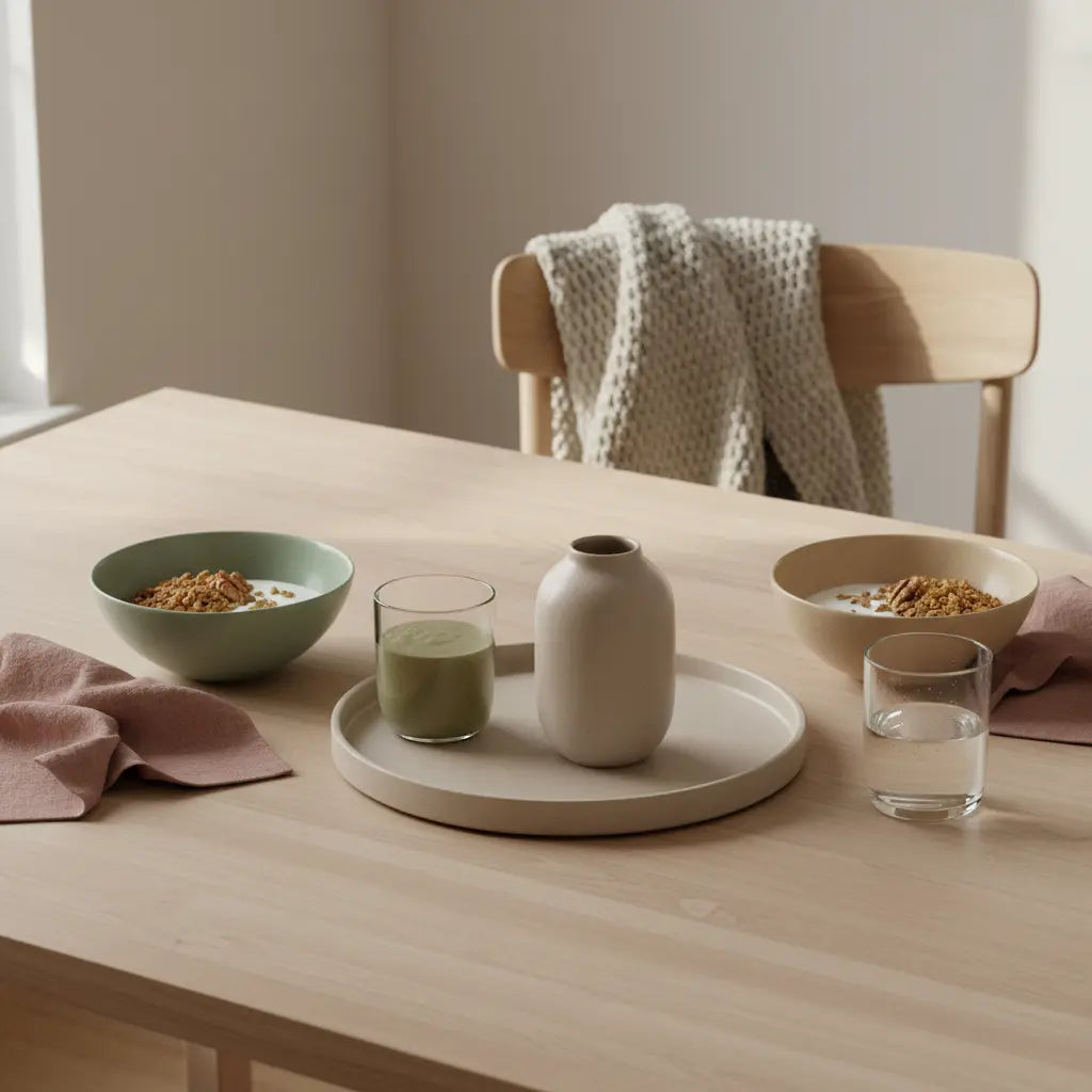 Minimalistisches veganes Frühstück mit Granola, pflanzlichem Joghurt, Nüssen und Shake in einer hellen europäischen Küche – Thema Vitamin B12 Mangel