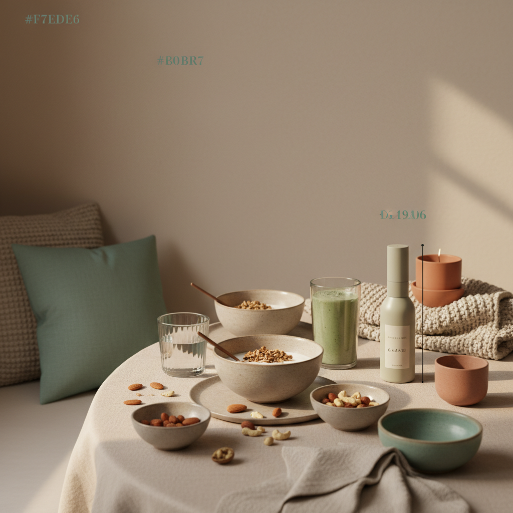 Vitamin D im Winter: Natürliches, veganes Frühstück mit Granola, Joghurt, Nüssen und Shake auf nachhaltigem Tisch in einer europäischen Küche mit sanftem Morgenlicht.