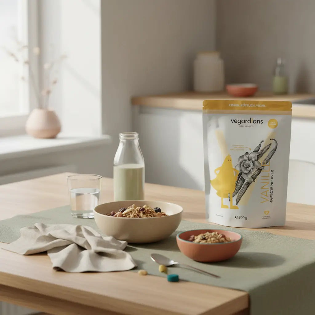 Minimalistische europäische Küchenaufnahme mit nachhaltigem Holztisch, veganem Müsli, Glas Wasser, pflanzlichem Shake und Produkt im Fokus – Vitamin D Muskelaufbau.