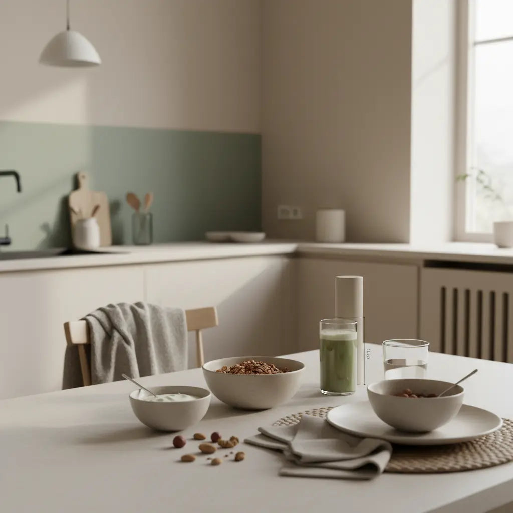 Morgendliche europäische Frühstücksszene mit veganer Granola, Joghurt, Nüssen und Shake auf nachhaltigem Tisch im warmen Morgenlicht – Thema: Vitamin D Niereninsuffizienz