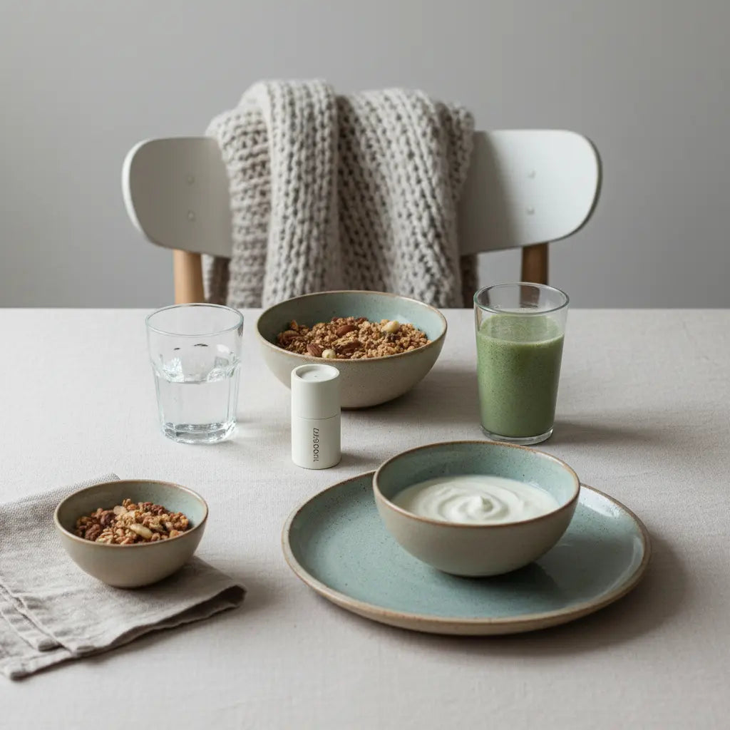 Minimalistische europäische Küchenszene mit Granola, Joghurt, Nüssen und Shake, ergänzt durch ein Supplement – Thema: Vitamin D und Magnesium zusammen einnehmen.