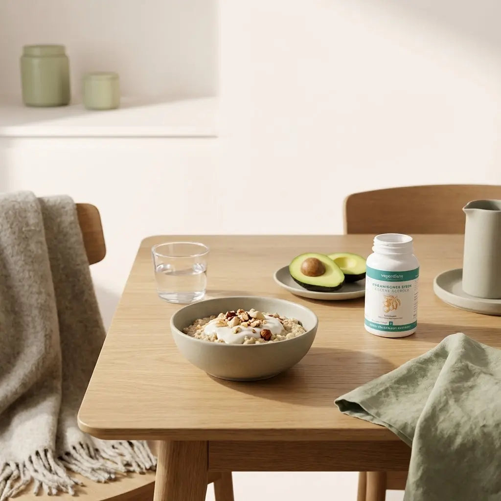 Vitamin D3 K2 Wirkung: ruhige Morgen-Küchenszene mit Haferflocken, pflanzlichem Joghurt, Nüssen, Avocado und geöffnetem Supplement‑Fläschchen auf nachhaltigem Holztisch