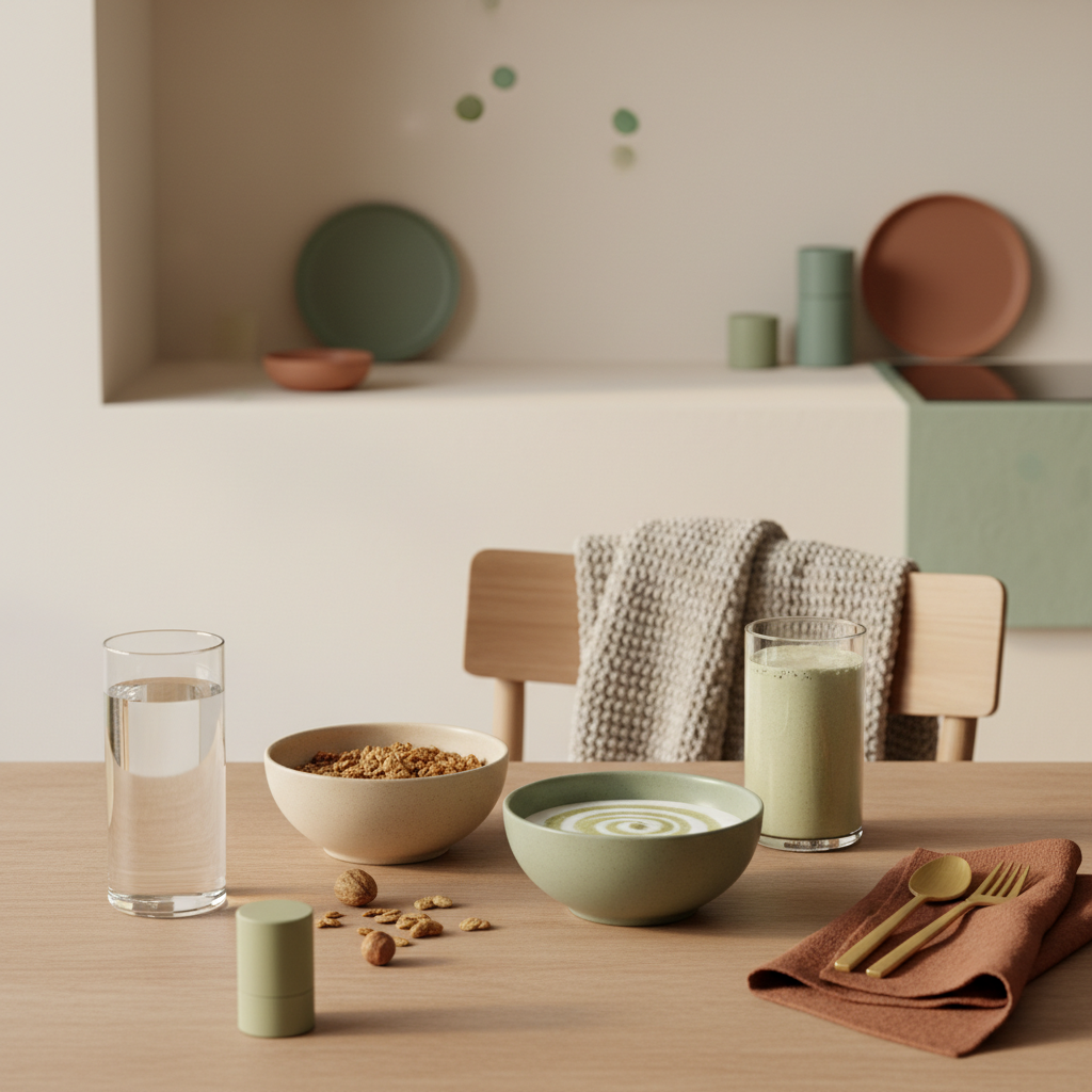 Minimalistisches Vegardians-Winterfrühstück mit veganem Granola, pflanzlichem Joghurt, Nüssen und Shake in warmem Morgenlicht — Vitamin E Winter