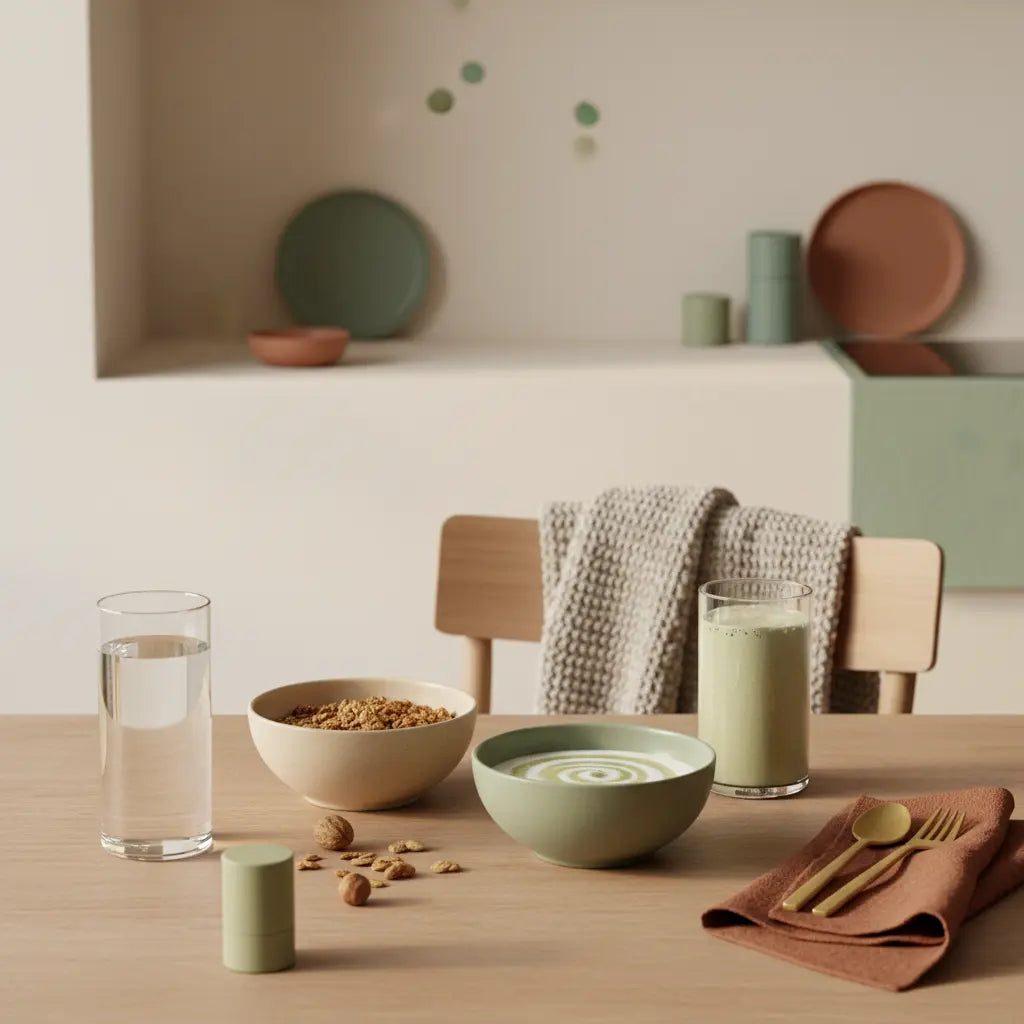 Minimalistisches Vegardians-Winterfrühstück mit veganem Granola, pflanzlichem Joghurt, Nüssen und Shake in warmem Morgenlicht — Vitamin E Winter