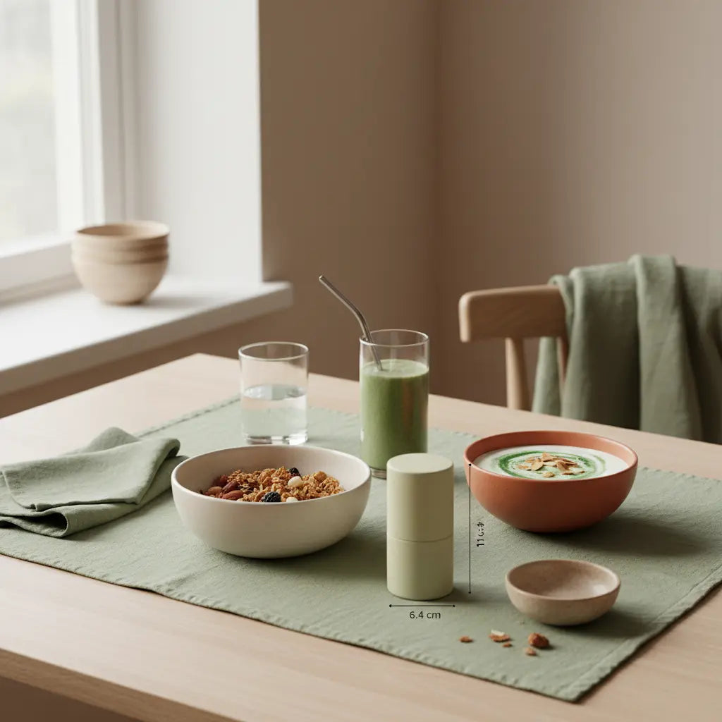 Vollformataufnahme eines minimalistischen veganen Frühstücks mit Granola, Joghurt, Nüssen und Shake auf nachhaltigem Tisch in beige, salbei und gedämpftem terrakotta – vollkost
