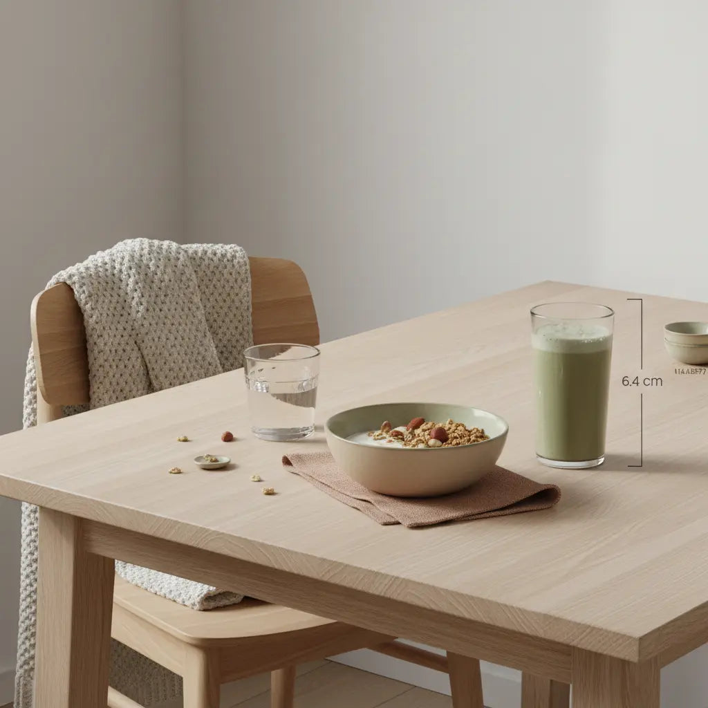 Minimalistisches skandinavisches Frühstück mit Granola, veganem Joghurt, Nüssen und Shake in ruhiger Morgenstimmung – Fokus auf vollwertige pflanzenbasierte Ernährung