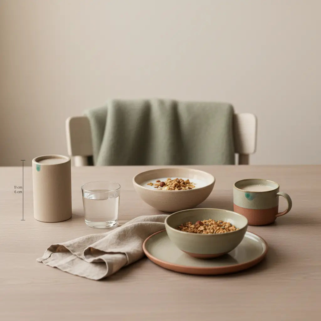 vollwertige vegane ernährung: Minimalistisches Frühstück in europäischer Küche mit Granola in Keramikschale, pflanzlichem Joghurt, Nüssen, Shake, Glas Wasser und natürlichen Leinen- und Wolltexturen.