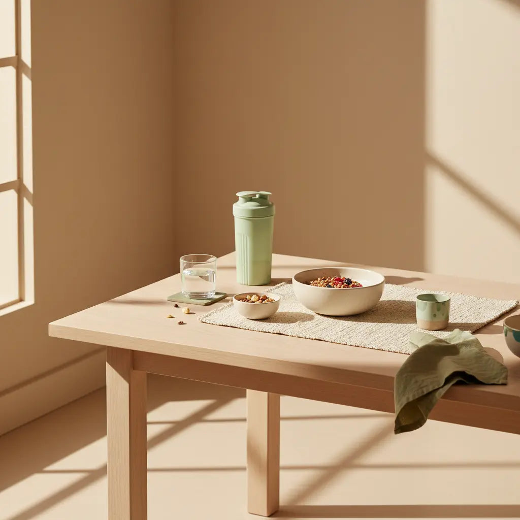 vollwertkost-frühstück auf nachhaltigem Küchentisch mit Granola, Pflanzjoghurt, Nüssen und Shake neben Keramikschalen, warme Morgenbeleuchtung, ruhige minimalistische Ästhetik