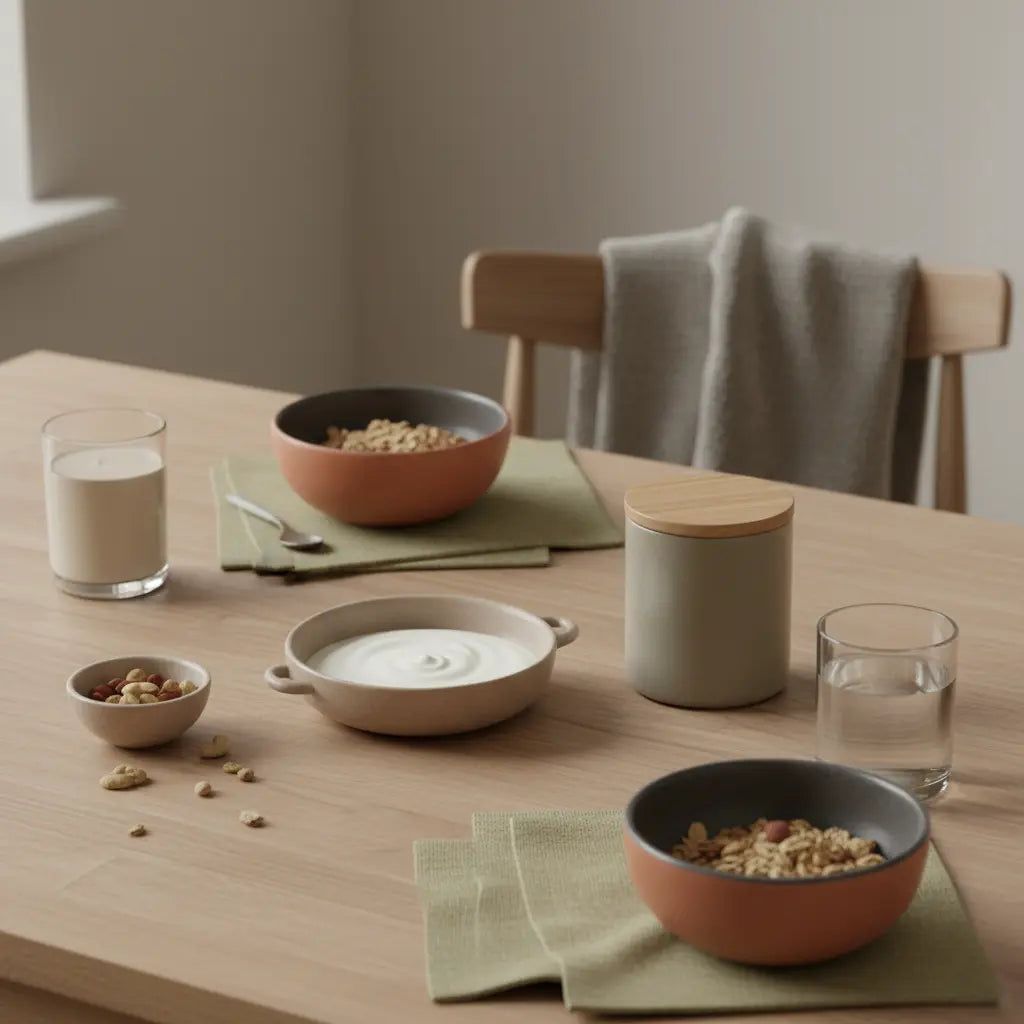 Minimalistisches Frühstück mit Granola, Sojajoghurt, Nüssen und Shake in heller europäischer Küche – ruhige, nährende Stimmung. Vollwertkost Nachteile