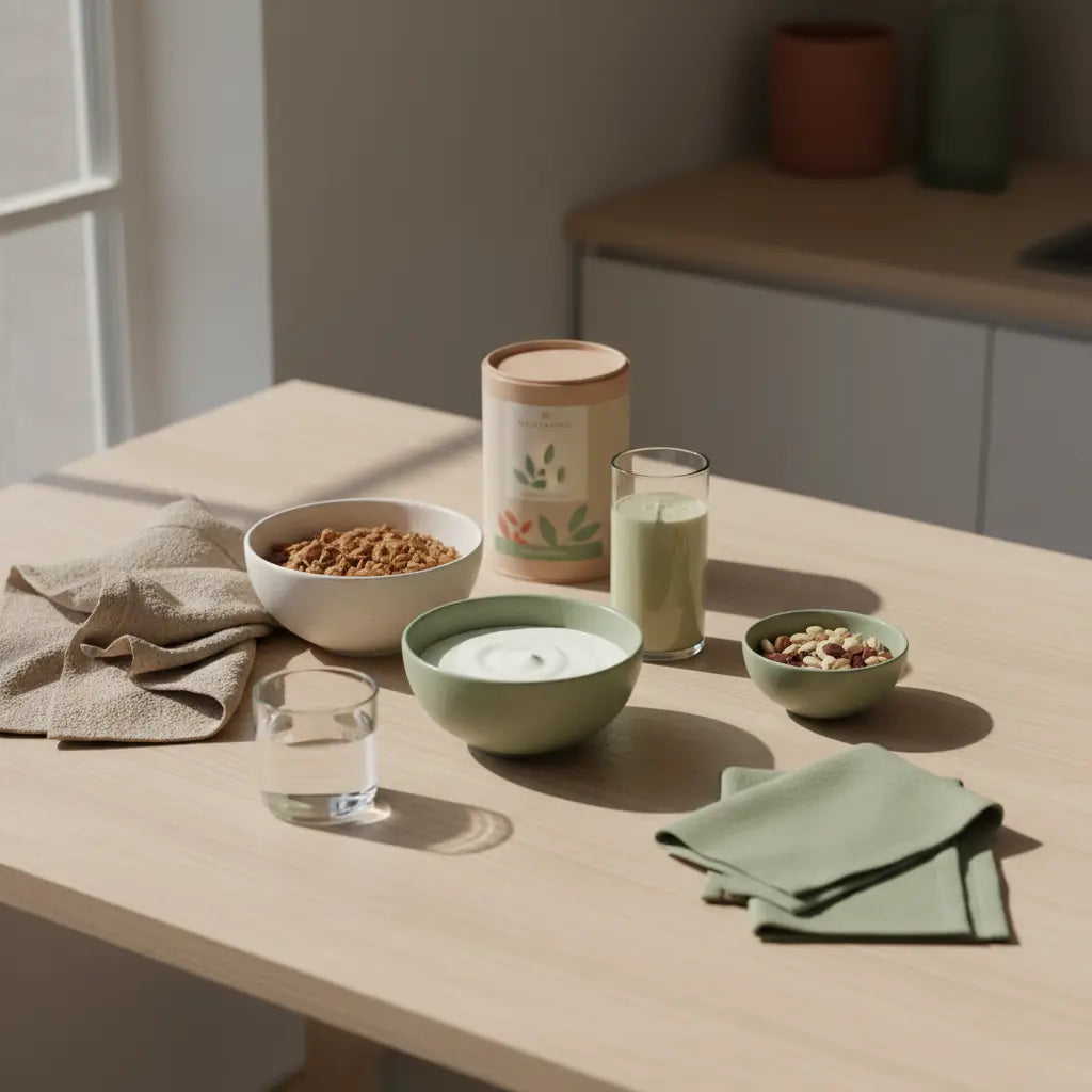 Minimalistisches Frühstück mit Granola, pflanzlichem Joghurt, Nüssen und Shake auf nachhaltigem Holztisch in Erdtönen, ruhige Morgenstimmung — Vollwertkost Unverträglichkeiten