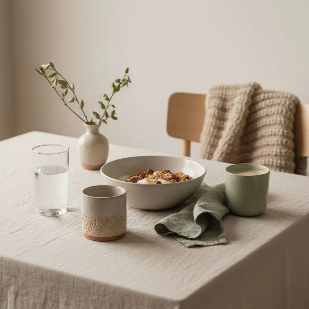 Minimalistisches Frühstück in einer europäischen Küche mit Granola, Joghurt, Nüssen, Shake und dem Produkt aus den Referenzfotos – Motiv zum vorsätze umsetzen.