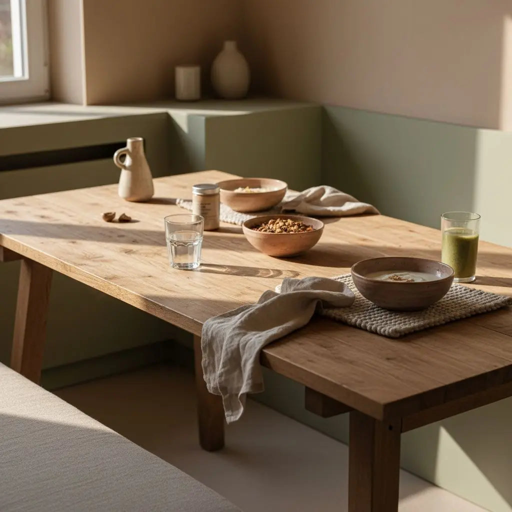 Minimalistisches Frühstück mit Granola, pflanzlichem Joghurt, Nüssen und Shake in heller europäischer Küche im Morgenlicht – wann brechen neujahrsvorsätze