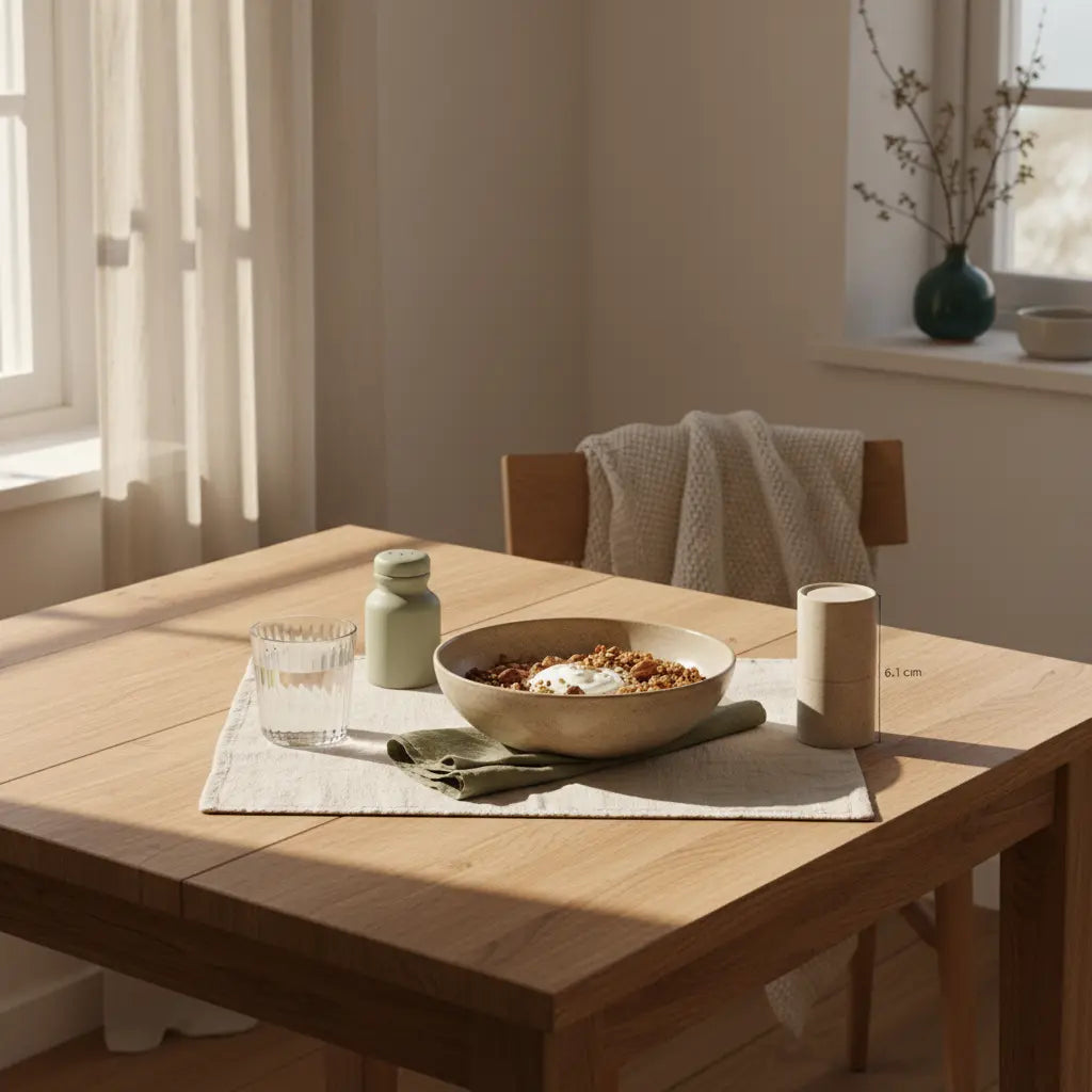 Wann ist das Gym am leersten – ruhiges, minimalistisches Frühstück in einer europäischen Küche mit Granola, pflanzlichem Joghurt, Nüssen und Shaker.