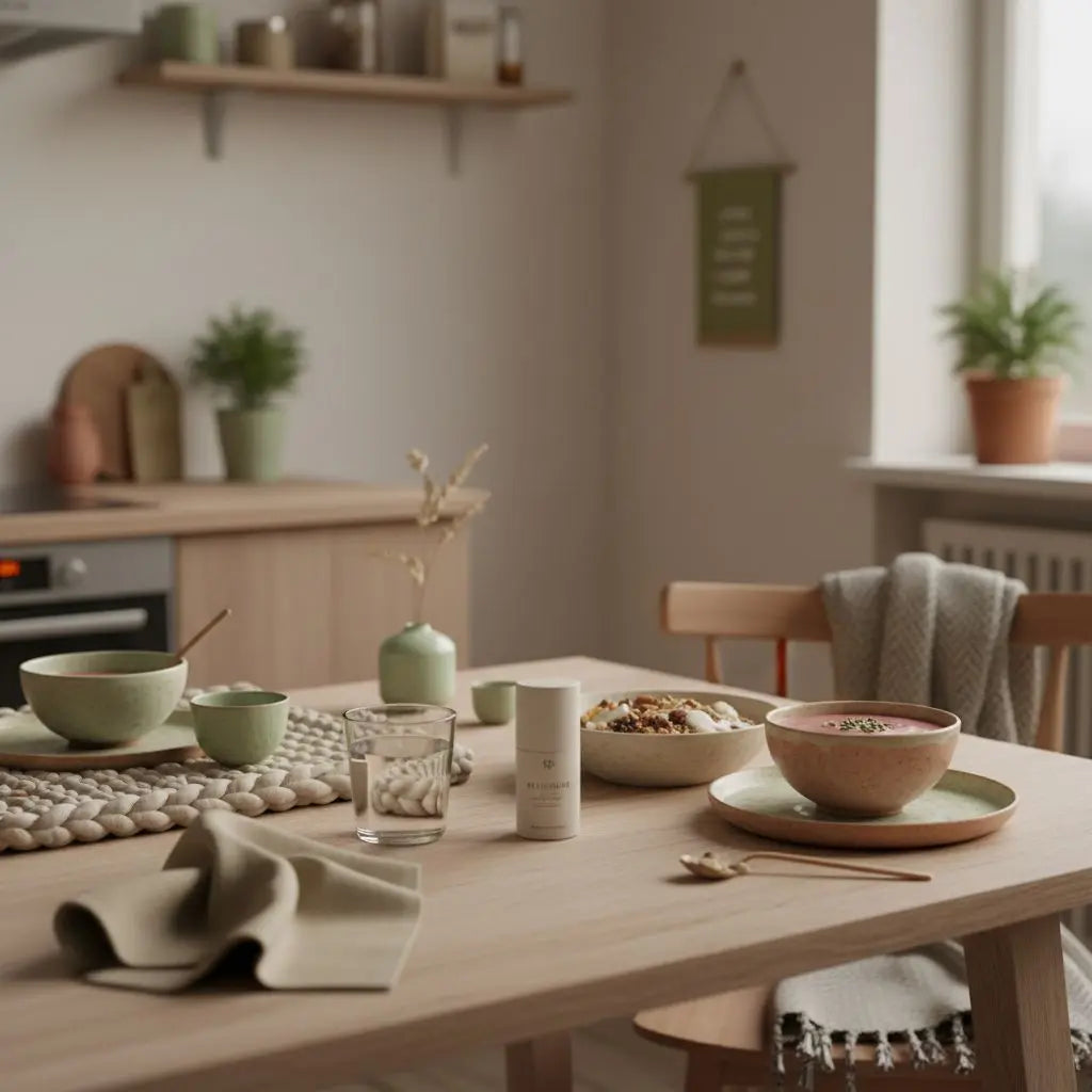 Wann mit Fitness anfangen – minimalistisches Morgenfrühstück in einer europäischen Küche mit veganem Granola, Shake, Wolltexturen und dem Produkt aus den Referenzfotos sichtbar.