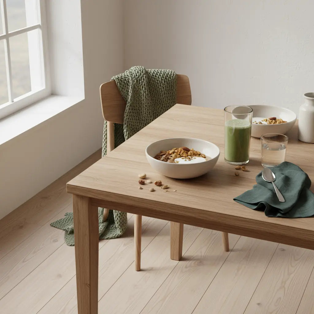 Minimalistisches Frühstück in europäischer Küche mit Granola, Joghurt, Nüssen und pflanzlichem Shake auf nachhaltigem Tisch. Wann sagt man 'besinnliche Weihnachten'?