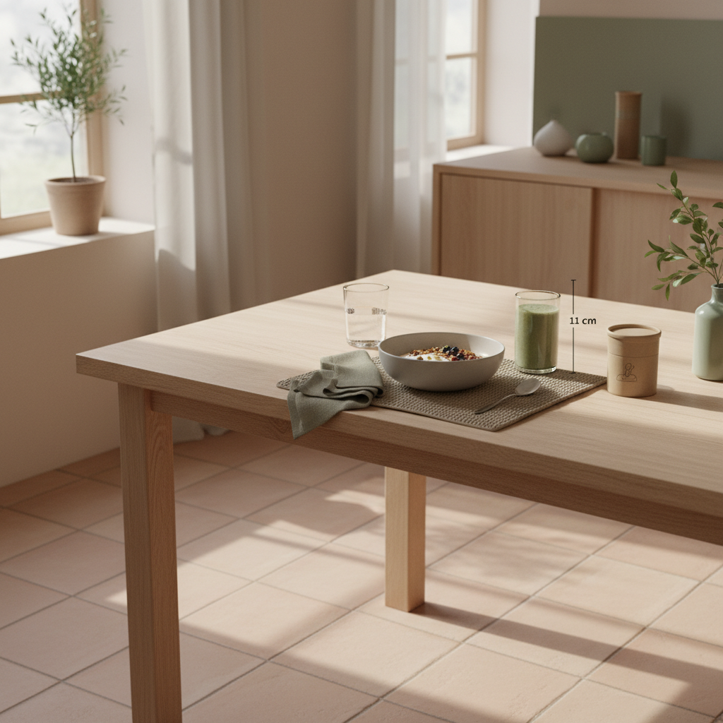 Minimalistisches Morgenfrühstück in europäischer Küche mit veganer Granola-Schale, Shake, Wollakzenten und Keramik – warum fühle ich mich im winter gesünder