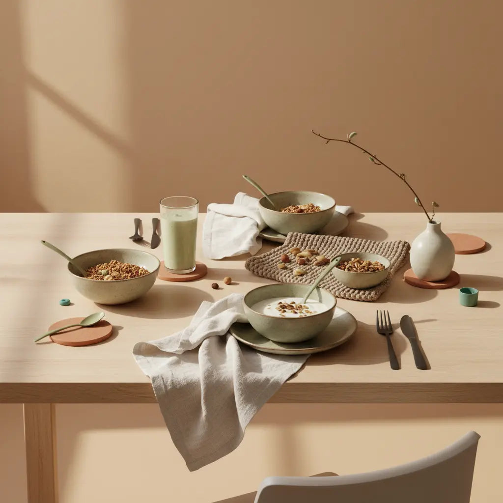 warum gehen frauen ins fitnessstudio: minimalistisches Frühstück mit Granola, pflanzlichem Joghurt, Nüssen und Shake in einer europäischen Küche in beige‑salbei Farbtönen