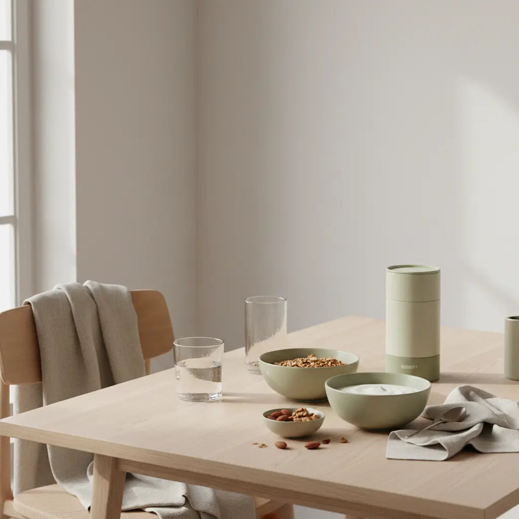 Warum habe ich keine Motivation mehr: ruhiges veganes Frühstück in europäischer Küche mit Granola, Pflanzjoghurt, Nüssen und Shake, behagliche Woll- und Leinentexturen