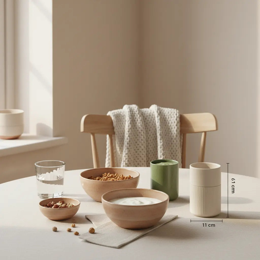 Minimalistisch gedeckter Frühstückstisch mit Granola, pflanzlichem Joghurt, Nüssen und Shake in weichem Morgenlicht einer europäischen Küche — Warum kein Eiweiß bei Niereninsuffizienz?