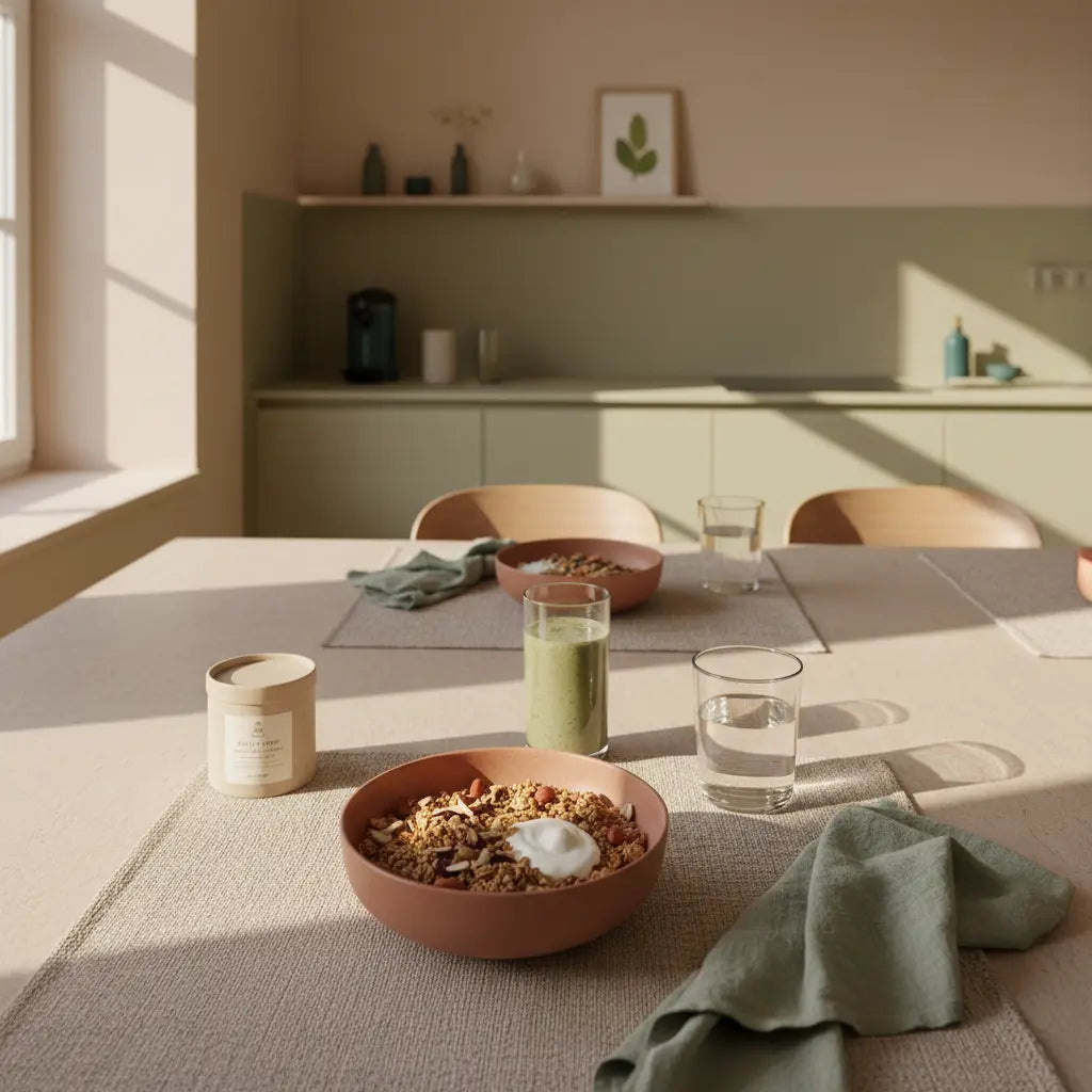 Warum werde ich im Winter so krank? Ruhiges, minimalistisches Frühstück mit Granola, veganem Joghurt und Shake auf einem winterlich-texturierten Tisch in Vegardians-Farben.