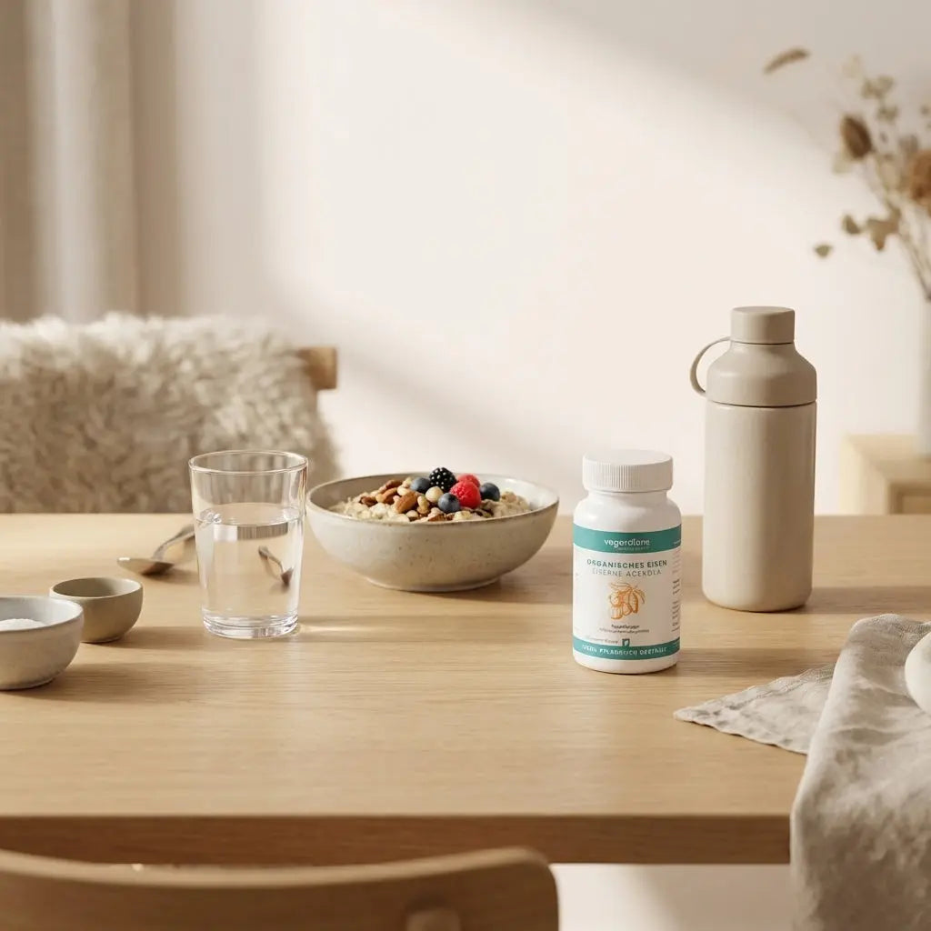 Was braucht der Körper bei Erschöpfung? Minimalistische Morgen-Szene: Holztisch mit Wasserglas, Haferbrei mit Nüssen, Beeren, neutraler Shake in Keramik, Leinen- und Keramikakzente, warme Beige- und Salbeitöne