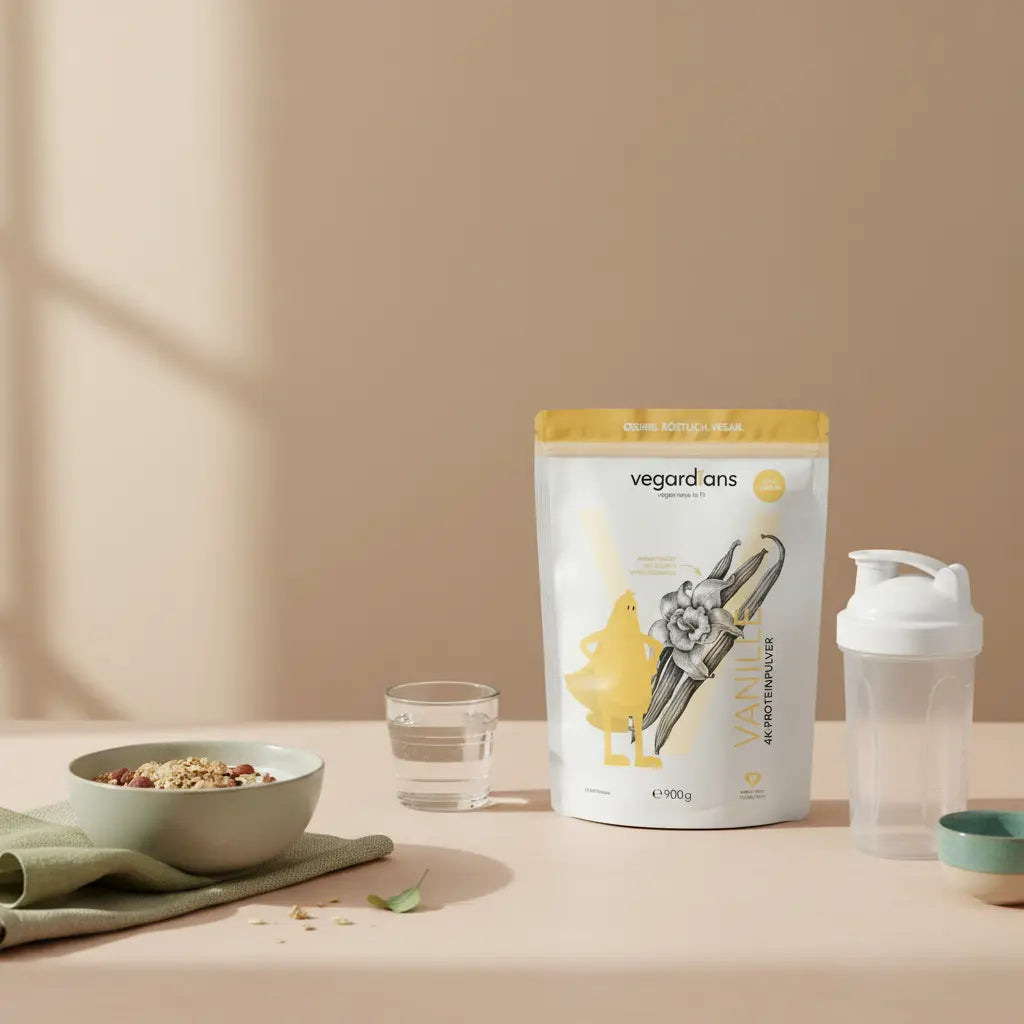 Minimalistische Morgenküche mit dem Produkt aus den Referenzfotos von Vegardians neben veganem Frühstück (Müsli, Joghurt, Nüsse, Shake) in ruhiger Brand-Farbwelt – was bremst den muskelaufbau