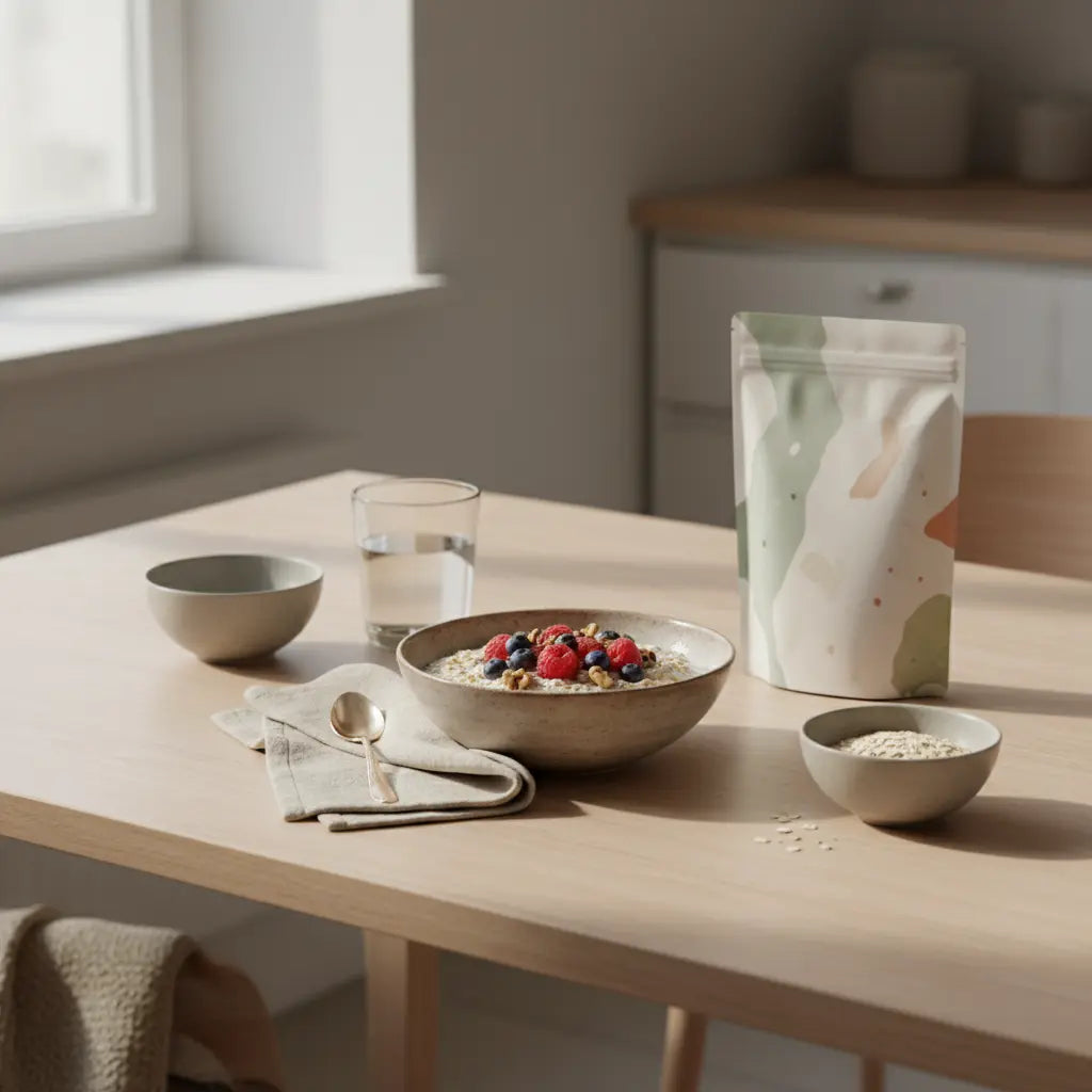 Minimalistische Küchenszene mit leberschonendem Haferbrei, Beeren, Nüssen und Glas Wasser – was darf ich bei Fettleber nicht mehr essen