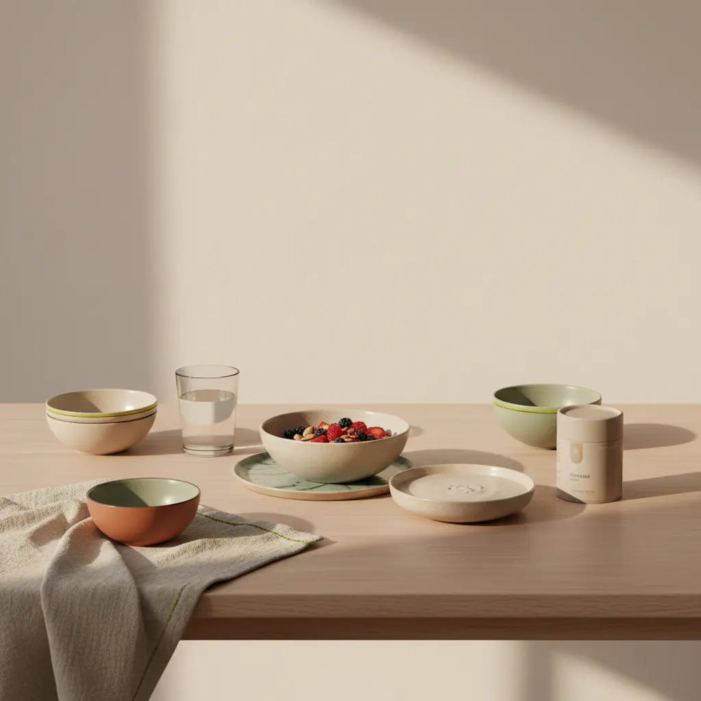 Küchentisch mit kohlenhydratarmen Beeren, Nüssen, Shake und Wasserglas im Morgenlicht. Was darf ich essen, wenn ich Kohlenhydrate vermeiden will?