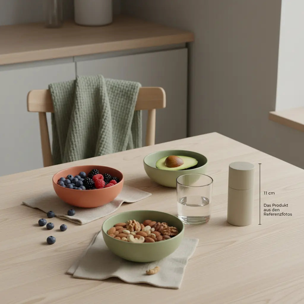 Minimalistische Morgenlicht-Küchenszene mit Holztisch, Schale Beeren, Avocado, Nüssen und Glas Wasser – was darf man bei paleo essen in ruhiger, erdiger Vegardians-Ästhetik