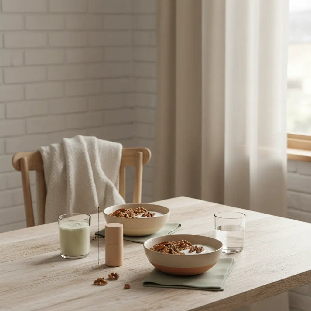 Minimalistischer Frühstückstisch mit Granola, Joghurt, Nüssen und Shake in Keramikschalen im Morgenlicht — Was darf man bei Vollwertkost nicht essen?