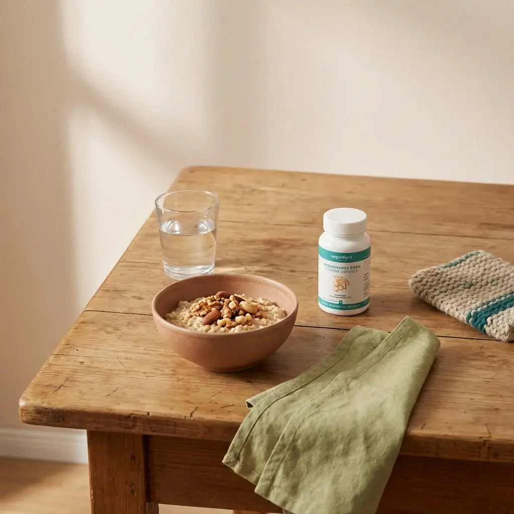 Ruhige Frühstücksszene mit Proteinshake (Produkt aus Referenz), Haferbrei und Wasserglas auf nachhaltigem Holztisch – passend zu was darf man in der schwangerschaft nicht trainieren