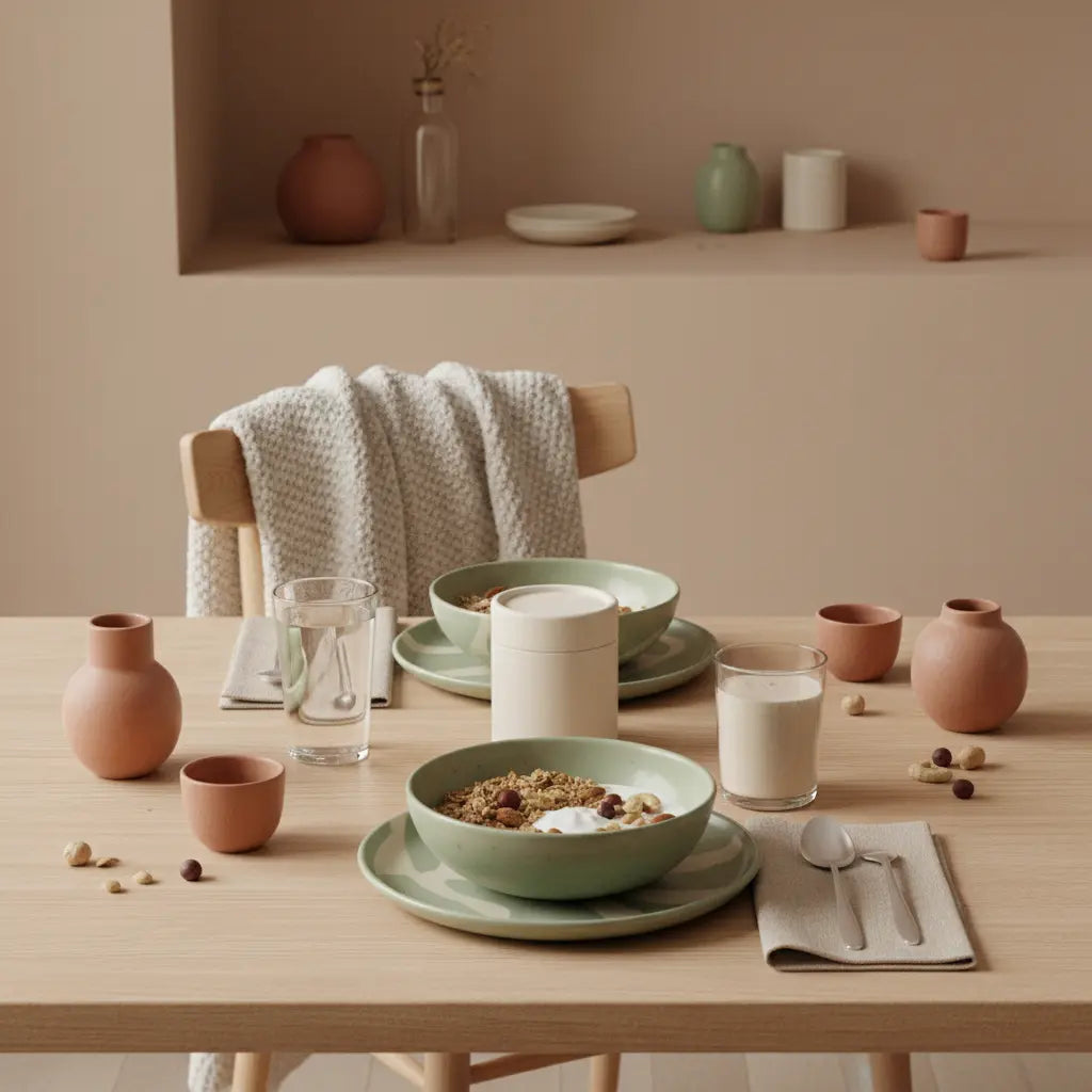was essen als veganer anfänger: minimalistischer Frühstückstisch mit Hafer‑Granola, Soja‑Joghurt, Nüssen, Shake und klarem Wasserglas in einer erdigen, ruhigen Küche