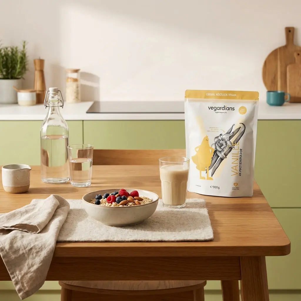 Minimalistische europäische Küchenszene mit veganer Hafer‑Schale (Beeren, Nüsse), pflanzlichem Protein‑Shake und Wasser auf Holztisch im Morgenlicht — Was Essen Bodybuilder zum Abnehmen?