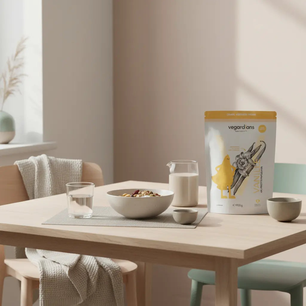 Realistische europäische Küchenszene mit nachhaltigem Holztisch, veganem Müsli, pflanzlichem Joghurt, Nüssen und Proteindrink im Morgenlicht – Was essen, um 2 kg abzunehmen?