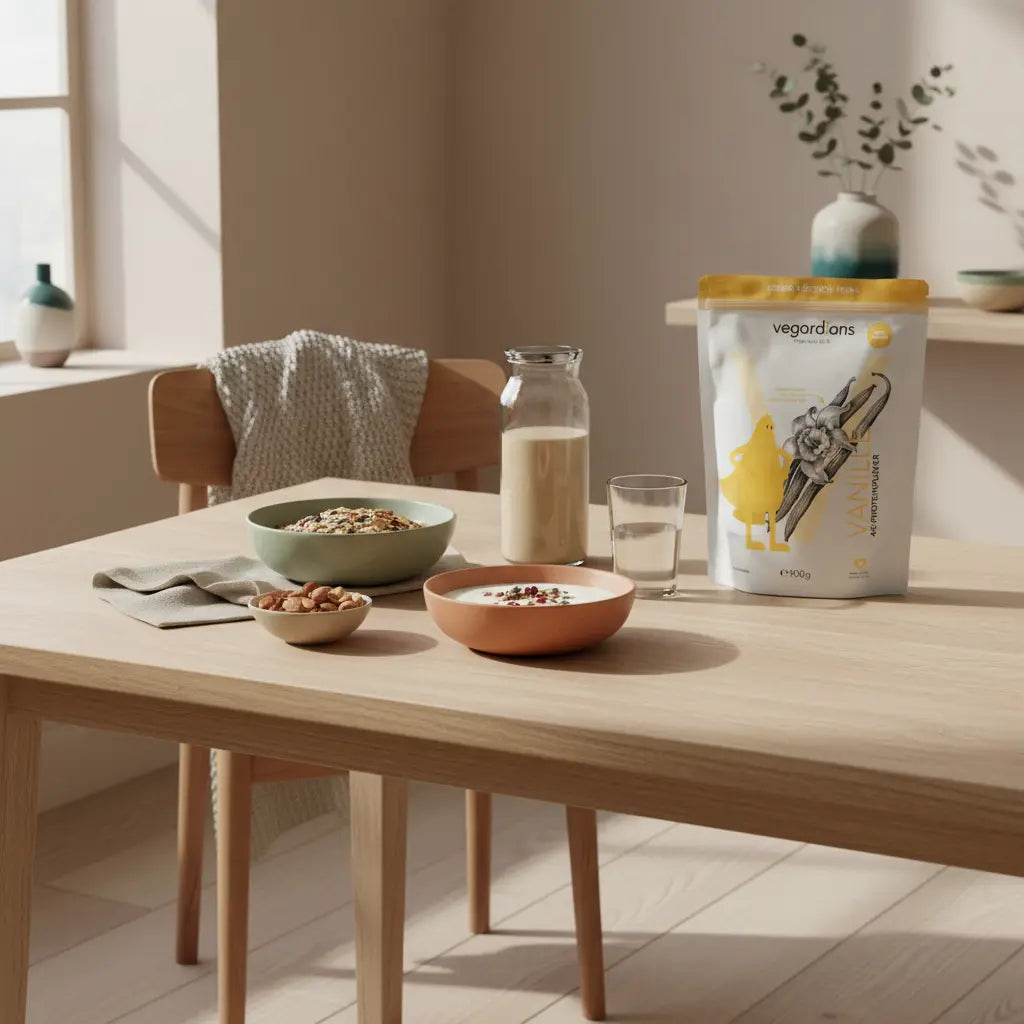 Veganer Frühstückstisch mit Müsli, pflanzlichem Joghurt, Nüssen und Shake in einer europäischen Küche bei sanftem Morgenlicht – was essen, um abzunehmen vegan?