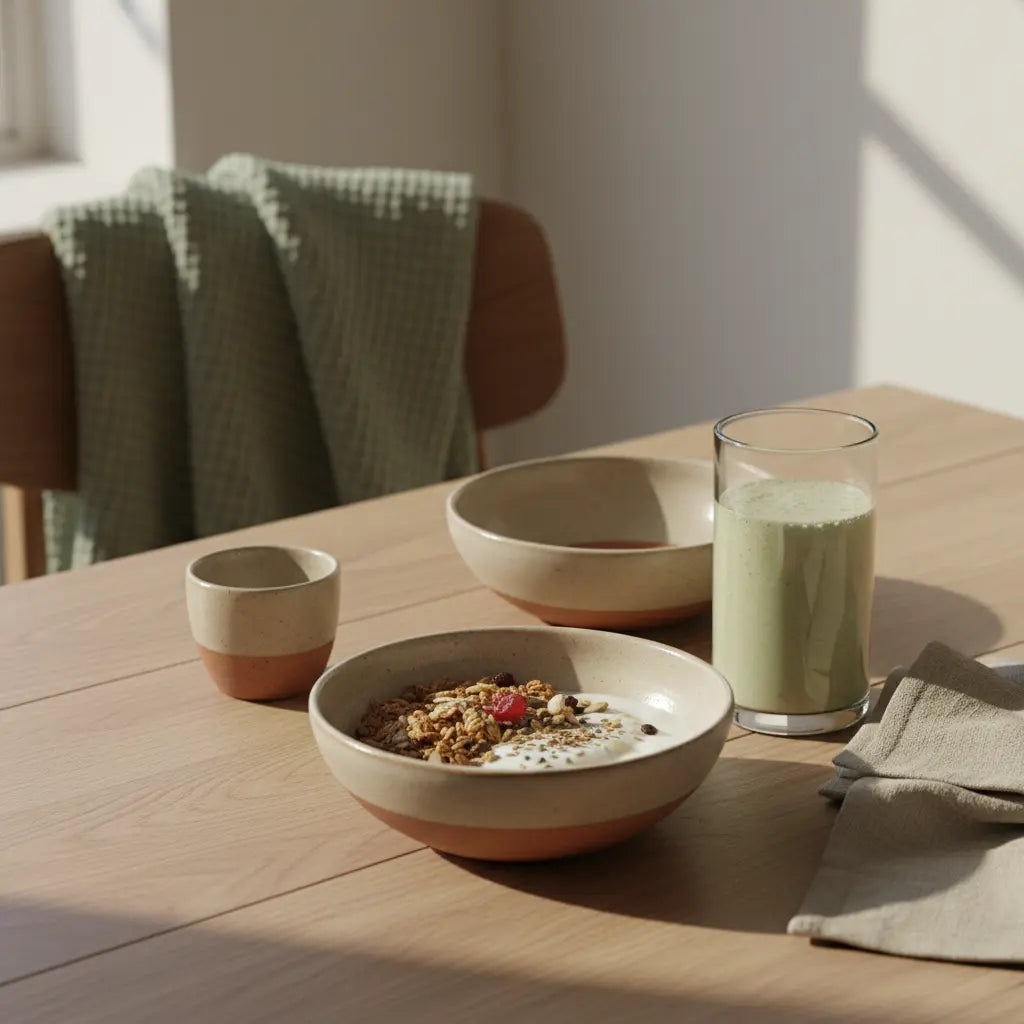 Minimalistisches Frühstück mit Granola, pflanzlichem Joghurt, Nüssen und Shake in einer europäischen Küche – was essen um gesund zu bleiben