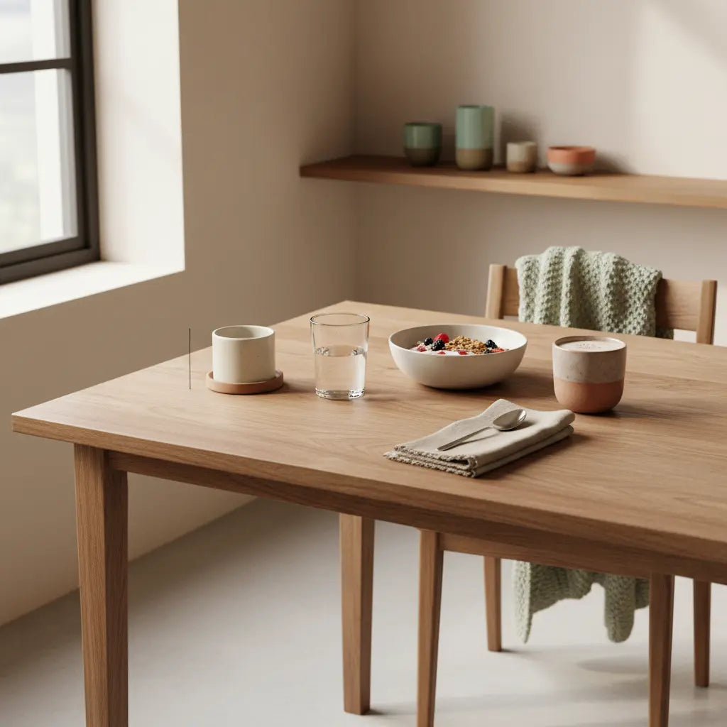 Veganes Frühstück mit Granola, Pflanzjoghurt, Nüssen und Protein-Shake auf Holztisch in minimalistischer europäischer Küche — Was essen, um Muskeln aufzubauen und Fett abzubauen?