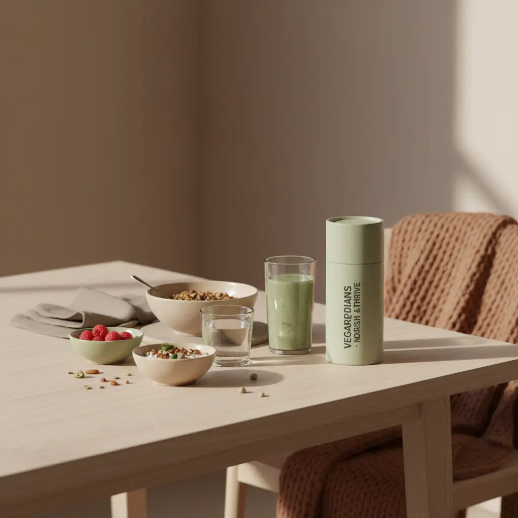 Minimalistisches Frühstück mit Granola, Joghurt, Nüssen und Shake in einer europäischen Küche im Morgenlicht — Fokus: Was essen vegane Sportler?