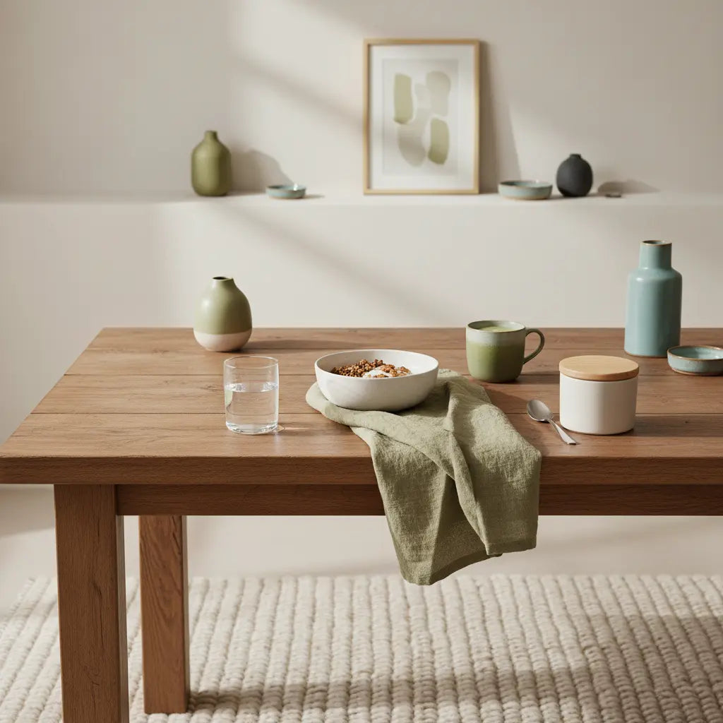 Frühstücksbowl mit Granola, Joghurt, Nüssen und Shake in minimalistischer europäischer Küche, naturfarbene Palette; Was essen Veganer als Protein?