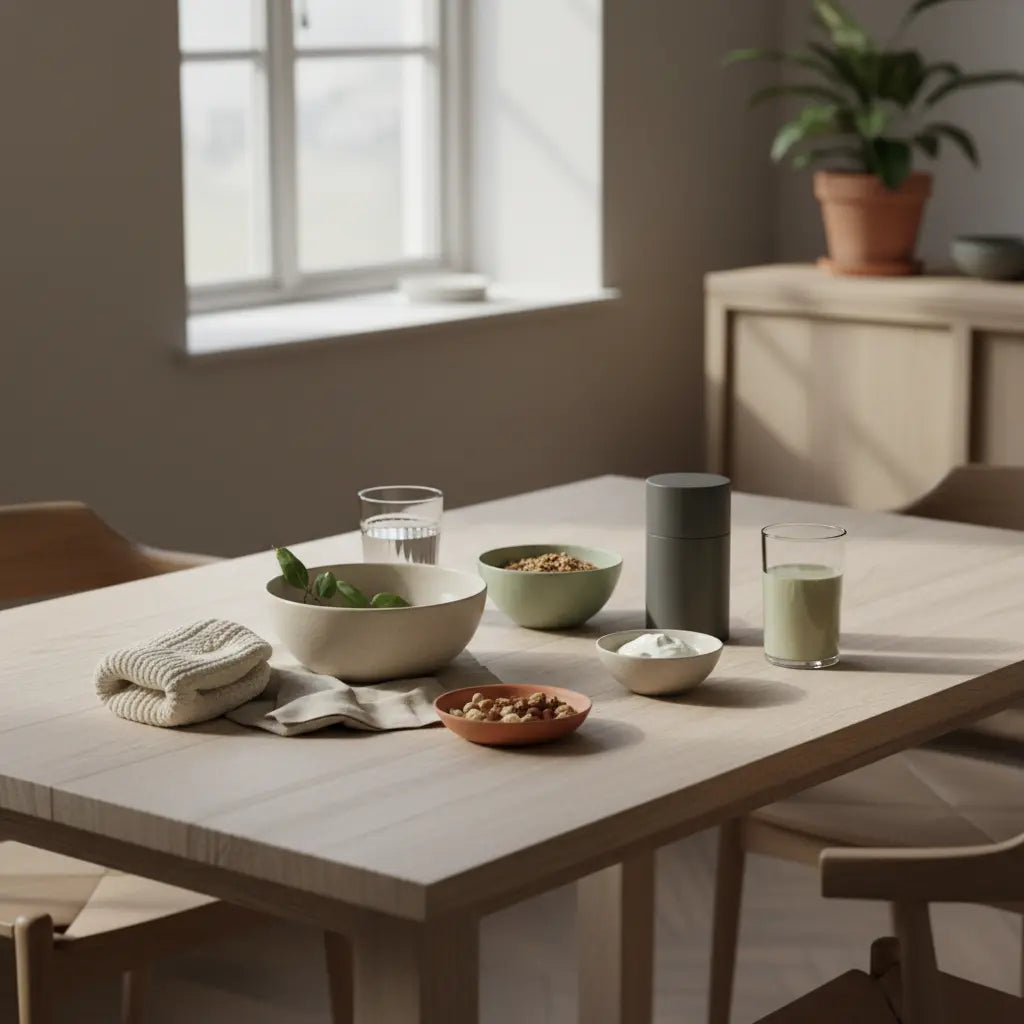 Was essen Veganer nicht zum Frühstück? Minimalistisches veganes Frühstück auf hellem Tisch mit Granola, Pflanzjoghurt, Nüssen, Shake und dem Produkt aus den Referenzfotos.