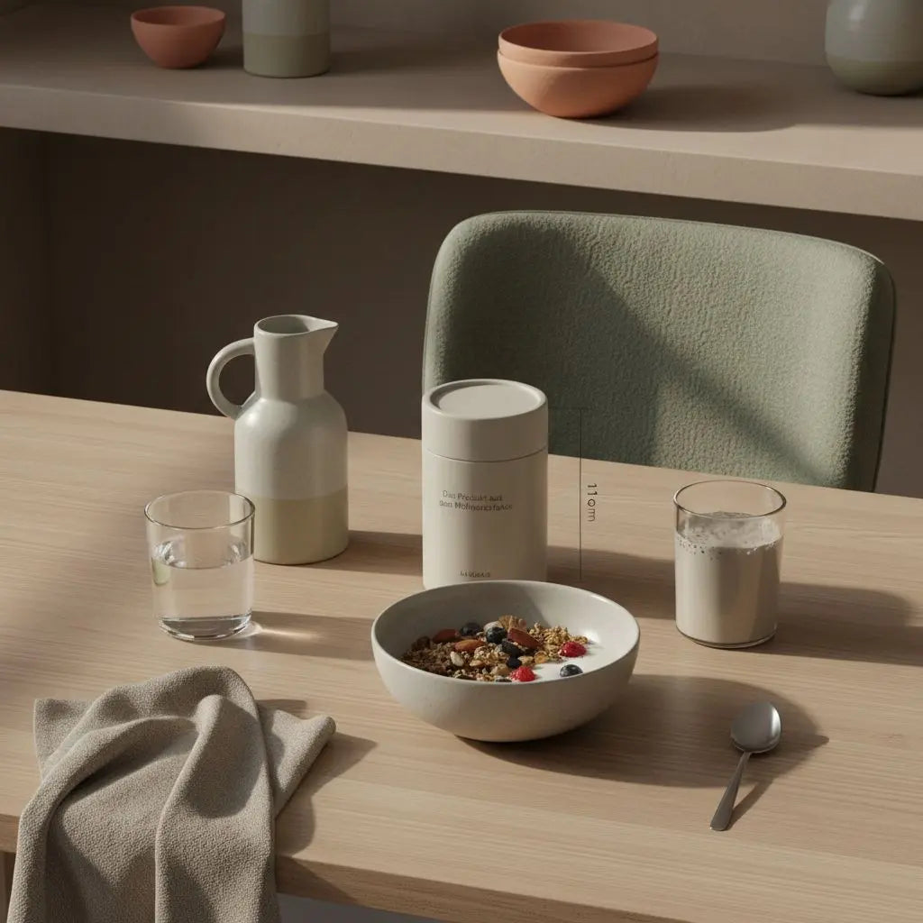 Minimalistische Morgen-Szene mit veganer Frühstücksbowl, Wasserglas und pflanzlichem Shake auf nachhaltigem Holztisch – was essen zum abnehmen