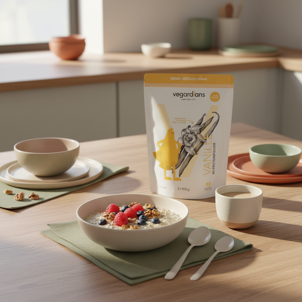 Vollbild Frühstücksszene: nachhaltiger Holztisch mit veganer Hafer-Schale, Beeren, Nüssen und Proteinshake, dezente Leinen- und Wolltexturen – Was essen zum Fettabbau