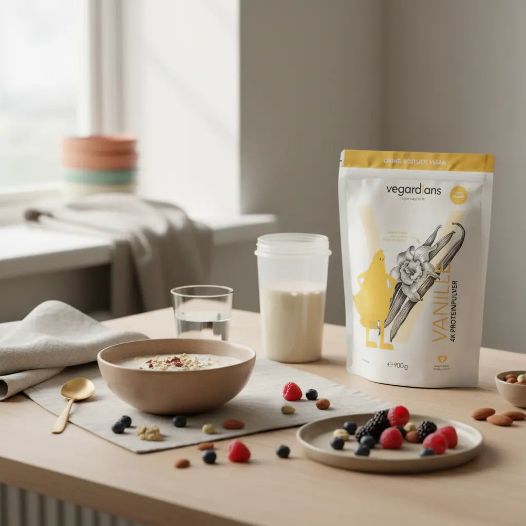 was frühstücken für einen flachen bauch? Minimalistische europäische Küche im Morgenlicht: Haferbrei, Shaker mit veganem Protein‑Shake, Glas stilles Wasser, Nüsse und Beeren auf Leinentuch, ruhige, erdige Farbtöne.