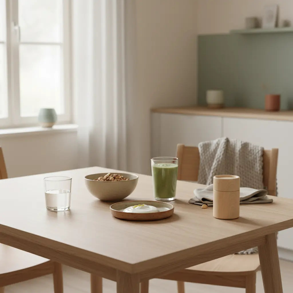 Veganer Frühstückstisch mit Granola, pflanzlichem Joghurt, Nüssen und Shake in einer europäischen Küche im weichen Morgenlicht – Was füttern zum Muskelaufbau