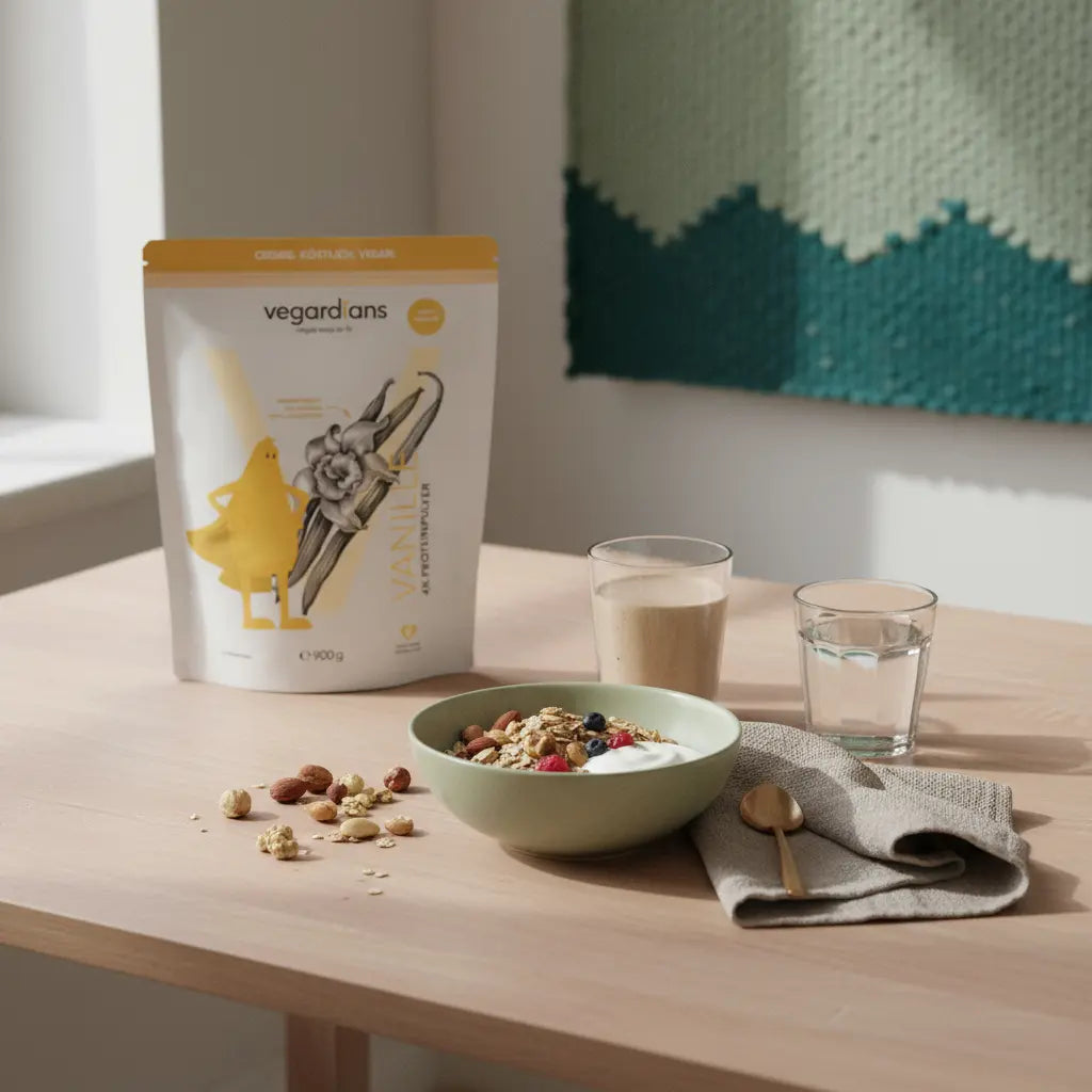 Was gehört in eine gesunde Ernährung? Veganes Frühstück auf nachhaltigem Holztisch mit Müsli, Pflanzenjoghurt, Nüssen, Shake und Wasserglas in ruhiger, erdiger Farbpalette.